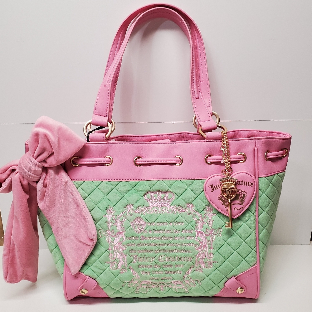Juicy Couture Daydreamer Pink and Retro Green Quilted Tote with Heart Charm